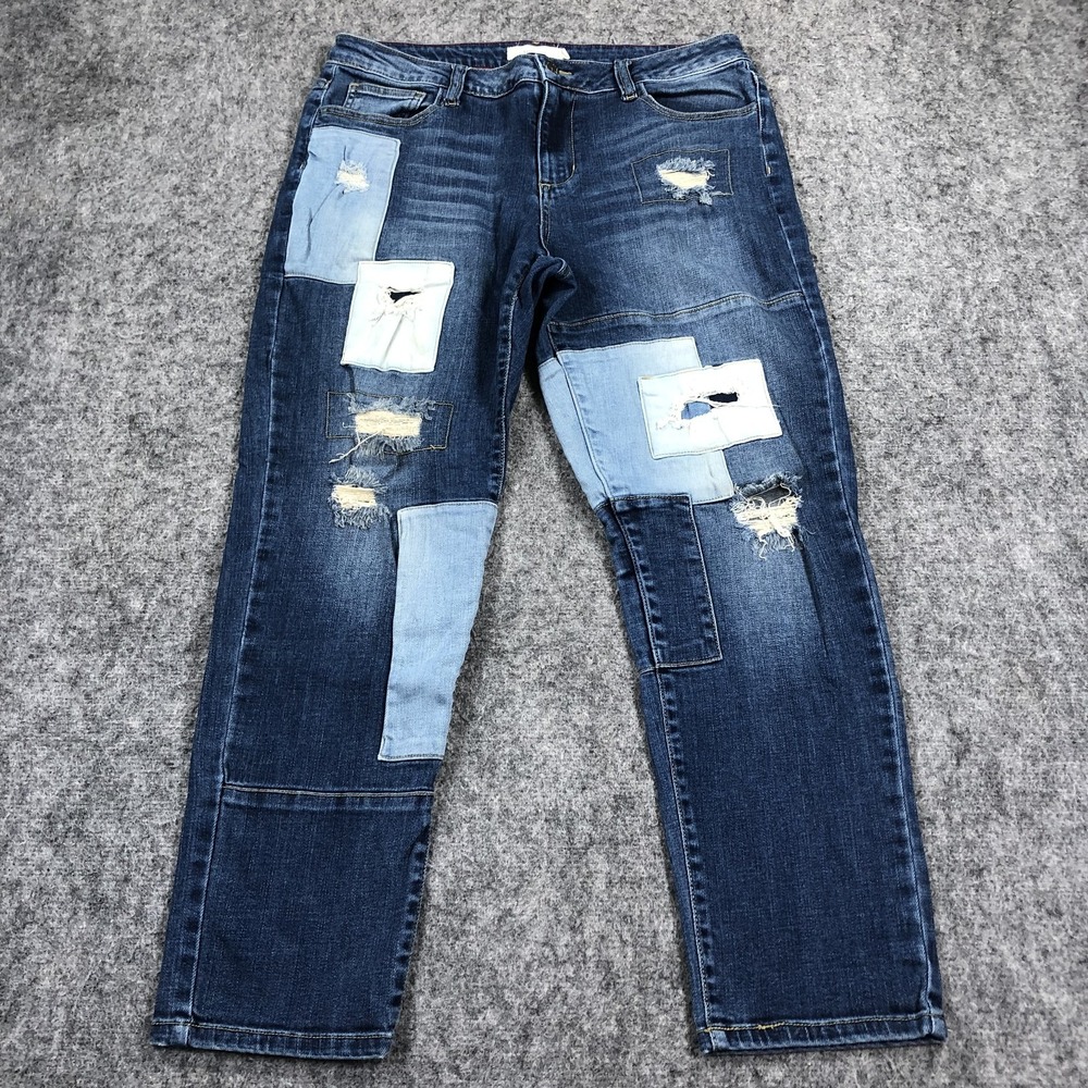 Cello Jeans Juniors 13 Blue High Rise Straight Distressed Patchwork Medium Wash